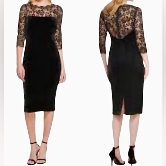 Eliza J Velvet Knee Length Sheath Dress with Lace in Black Women’s 8 - Picture 1 of 6